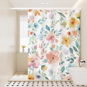 Nordic watercolor floral shower curtain waterproof fabric bathroom partition hanging curtain.