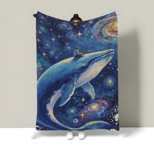 Starlit whale flannel blanket artistic oil painting style soft cozy throw for couch bed