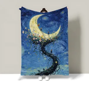 Artistic starry night oil painting style flannel blanket detail, cozy sofa and bed throw cover.