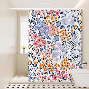 Waterproof shower curtain with Nordic watercolor floral design for modern bathroom.