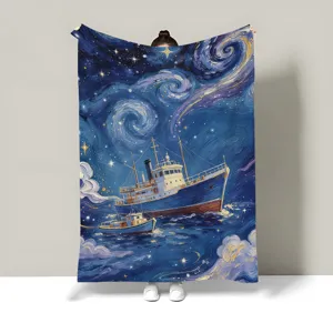 Starry night oil painting style fleece blanket, beautiful art throw blanket for sofa bed use.