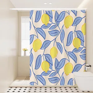 Waterproof fabric shower curtain featuring Nordic yellow lemon and blue leaf print for bathroom.