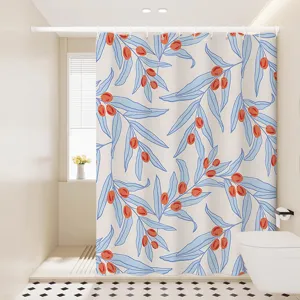 Close-up of Nordic botanical shower curtain with blue leaves and red fruit pattern in bathroom.