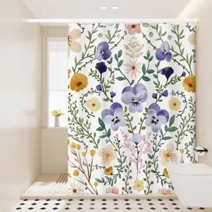Waterproof fabric shower curtain with Nordic watercolor floral pattern for bathroom decor.