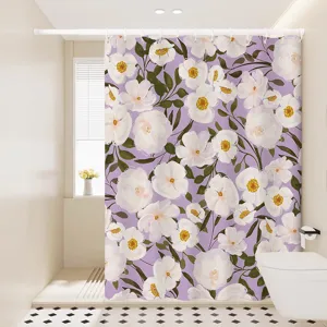 Nordic watercolor floral shower curtain, purple white flower bathroom waterproof fabric.