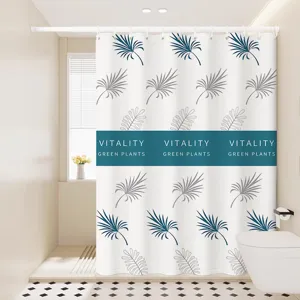 Waterproof fabric shower curtain with botanical leaf pattern and decorative stripe for bathroom.