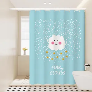 Waterproof fabric shower curtain detail showing cute cloud pattern and fresh blue bathroom background.