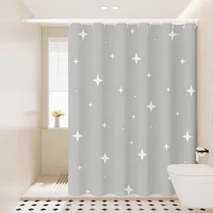 Grey shower curtain with white star pattern waterproof fabric bathroom decor detail view.