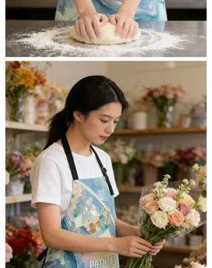 Dettaglio grembiule tasca coniglietto d'arte nordica, cucina floreale da forno da lavoro.