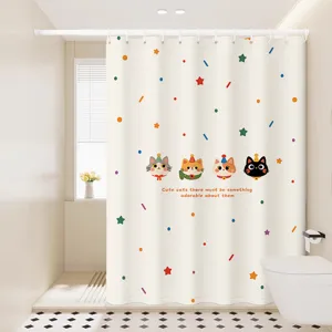 Waterproof fabric shower curtain for bathroom with cute cat print and polka dots design