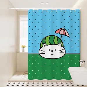 Cute cartoon cat shower curtain waterproof bathroom partition curtain with watermelon design