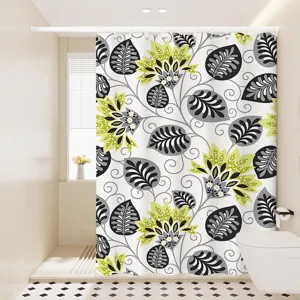Detaillierte Ansicht des Duschvorhangs mit grünem Blätter- und Blumenmuster für moderne Bäder.