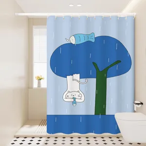 Cute cartoon cat shower curtain detail view, waterproof fabric design for modern bathroom decor styles.