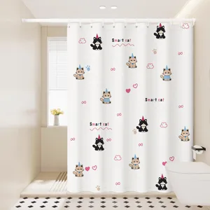Waterproof fabric shower curtain with cute cartoon cat pattern for modern bathroom decor