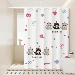 Detail view of waterproof shower curtain featuring cute cartoon cats and playful patterns in bathroom.
