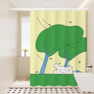 Bathroom scene detail showing cute cartoon cat shower curtain hanging in modern shower space.