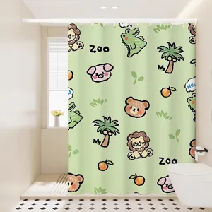 Cartoon shower curtain detail showing cute hand-drawn animal prints in a modern bathroom setup.