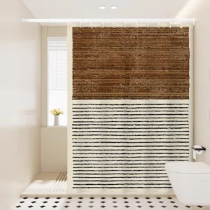 Detailed view of abstract geometric line shower curtain in a modern clean bathroom setting