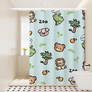 Cute cartoon animal shower curtain detail showcasing hand-drawn doodle print and waterproof fabric.