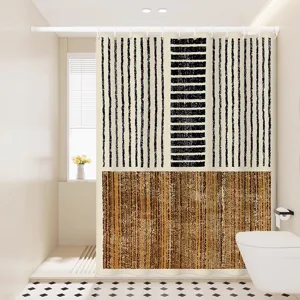 Close-up detail of abstract geometric line shower curtain inside a modern styled bathroom.