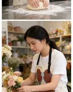 Cute kitchen apron for women, halter neck design with pockets and lovely bow print for daily cooking.