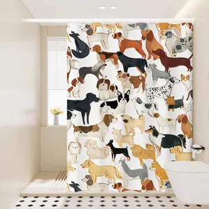 Cute cartoon dogs pattern shower curtain detail in a clean modern bathroom scene.
