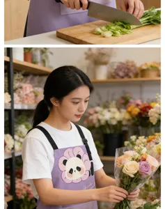 Dopamine purple cute panda canvas pocket apron for kitchen cooking and daily home work use.
