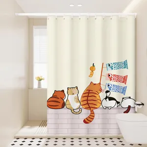 Rideau de Douche Imperméable Motif Chat Mignon Rideaux de Bain en Tissu pour Cloison de Douche avec Crochets et Embrasses