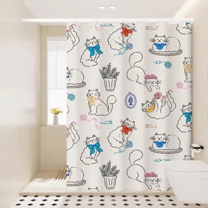 Joli rideau de douche imperméable chat de dessin animé dans une salle de bains moderne