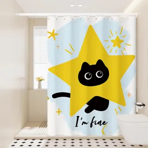 Rideau de douche imperméable pour salle de bain avec design de chat noir et étoile mignons.