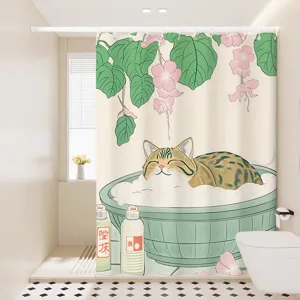 Rideau de douche imperméable avec une jolie illustration de chat dans la baignoire de la salle de bain.