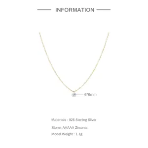 Technical specifications for a S925 sterling silver necklace with a 6mm zirconia stone.