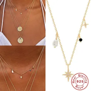 Detailed view of a S925 sterling silver North Star necklace with pearl and CZ accents