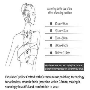 Visual guide for sterling silver necklace lengths ranging from 35cm to 114cm on a model.
