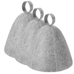 Tres sombreros de sauna de fieltro gris con lazos