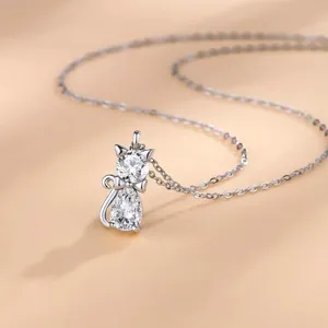 Elegant 999 sterling silver cat necklace with brilliant cubic zirconia pendant jewelry