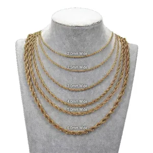 Gold stainless steel rope chain necklaces in multiple widths from 2.0mm to 6.0mm