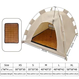 Beiges Haustierzelt mit Größentabelle und Sommer-Kühlmatte für Katzen und Hunde.