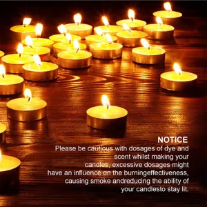 Varias velas de té encendidas sobre mesa de madera oscura con texto de aviso DIY