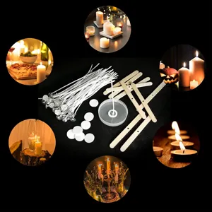 Kit de fabricación de velas DIY con mechas, soportes de madera y puntos adhesivos en escenas.
