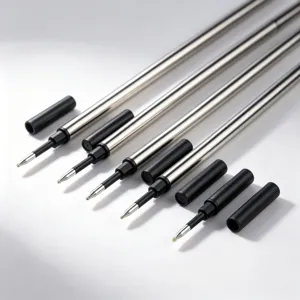 Juego de recambios de bolígrafo de metal plateado con tapas protectoras negras