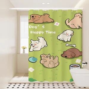 Cute cartoon dog print waterproof shower curtain for bathroom partition, green fabric.