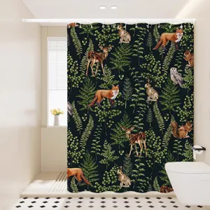 Waterproof woodland animal shower curtain for bathroom, forest ferns botanical decor fabric.