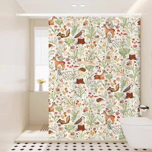 Cute forest animal shower curtain detail showcasing vibrant waterproof bathroom decor.