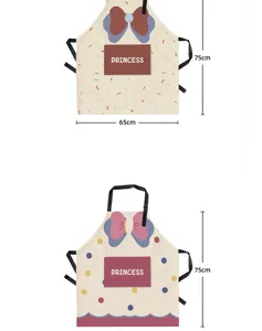 Cute apron detail showing 65x75cm size, bow design, and front pocket with print.