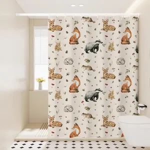 Waterproof fabric shower curtain with cute watercolor woodland animal pattern for bathroom decor.