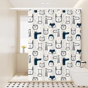 Waterproof cartoon shower curtain detail, cute animal pattern fabric for modern bathroom.