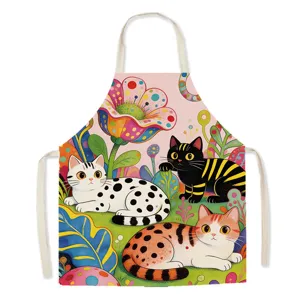 Détail de tablier de cuisine imprimé chat coloré, design d'illustration fantaisiste, tissu.