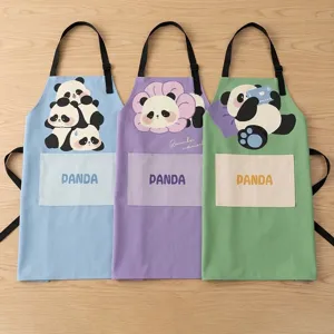 Cute dopamine panda print kitchen apron with pockets, waterproof cooking bib for home cooking.
