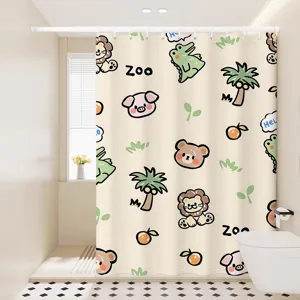 Detailed view of the cute cartoon zoo pattern waterproof shower curtain hanging in bathroom.